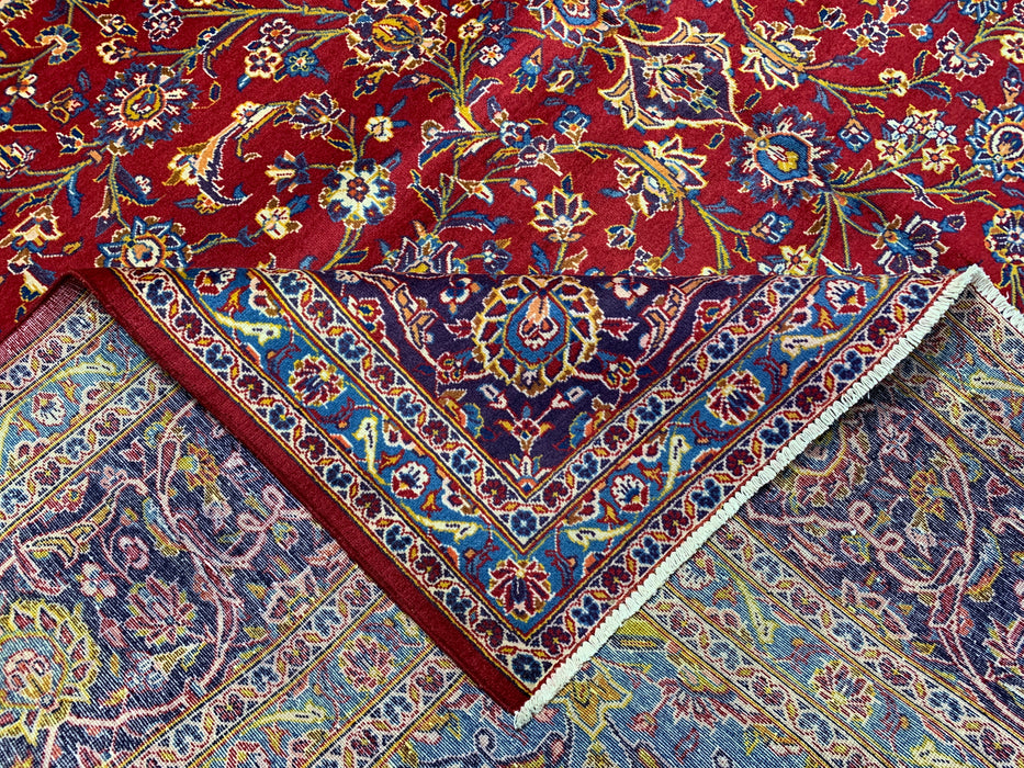 9’8” × 12’11” Hand-Knotted Wool Rug – Red with Navy & Light Blue Floral Medallion Design