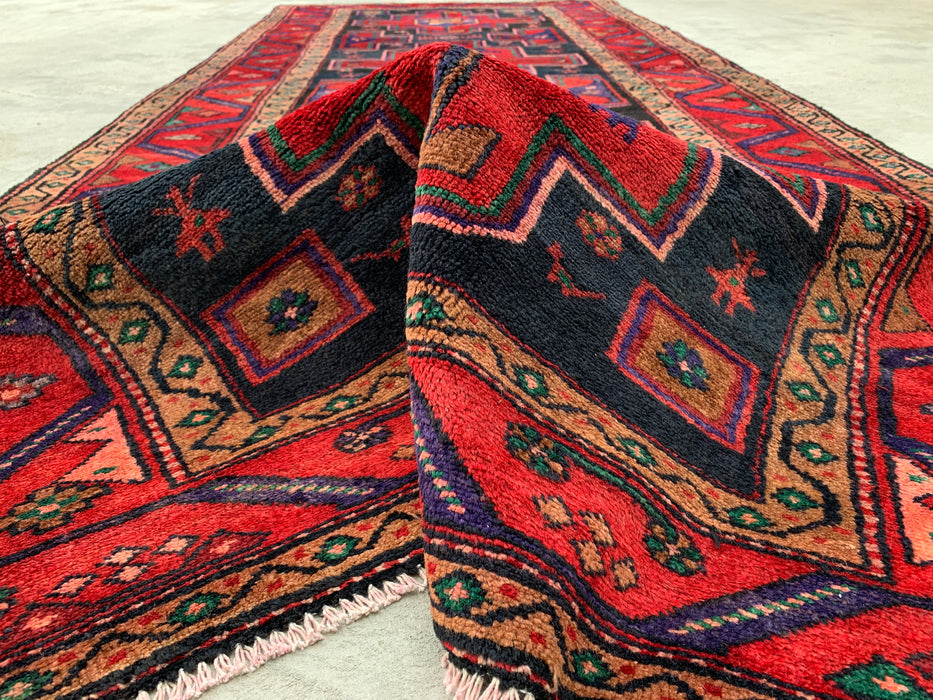 9'10 x 4'2 Hand-Knotted Persian Wool Runner Rug in Red, Navy & Beige Tribal Geometric Design | KBHM-1069