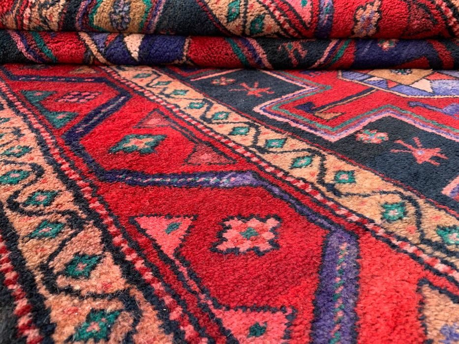 9'10 x 4'2 Hand-Knotted Persian Wool Runner Rug in Red, Navy & Beige Tribal Geometric Design | KBHM-1069