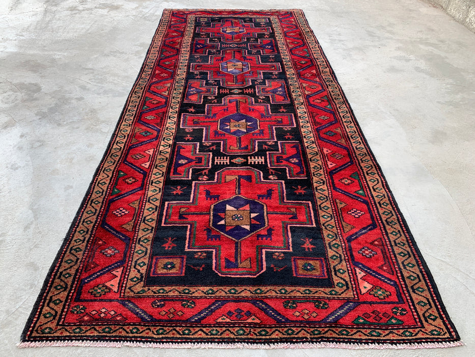 9'10 x 4'2 Hand-Knotted Persian Wool Runner Rug in Red, Navy & Beige Tribal Geometric Design | KBHM-1069