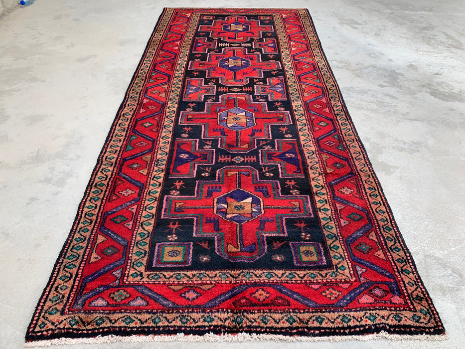 9'10 x 4'2 Hand-Knotted Persian Wool Runner Rug in Red, Navy & Beige Tribal Geometric Design | KBHM-1069