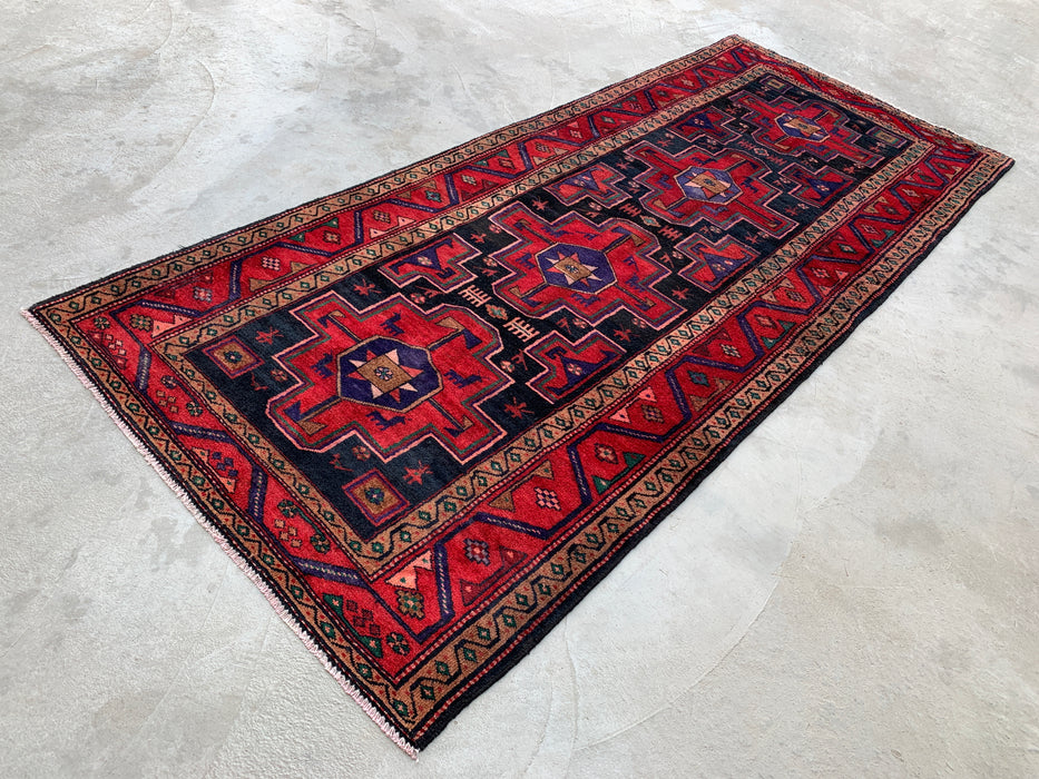 9'10 x 4'2 Hand-Knotted Persian Wool Runner Rug in Red, Navy & Beige Tribal Geometric Design | KBHM-1069
