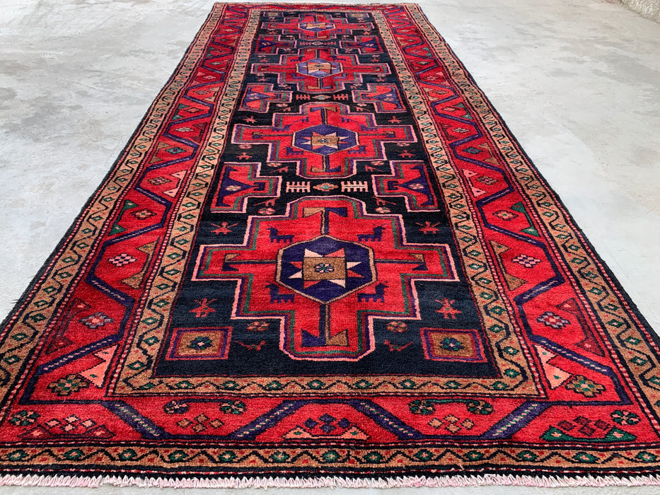 9'10 x 4'2 Hand-Knotted Persian Wool Runner Rug in Red, Navy & Beige Tribal Geometric Design | KBHM-1069