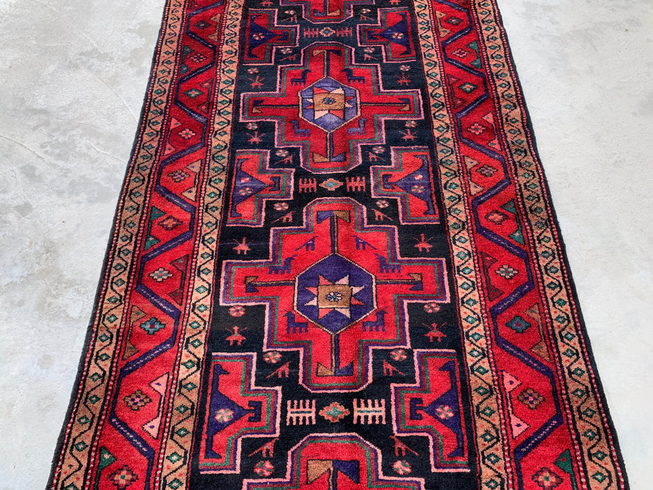 9'10 x 4'2 Hand-Knotted Persian Wool Runner Rug in Red, Navy & Beige Tribal Geometric Design | KBHM-1069