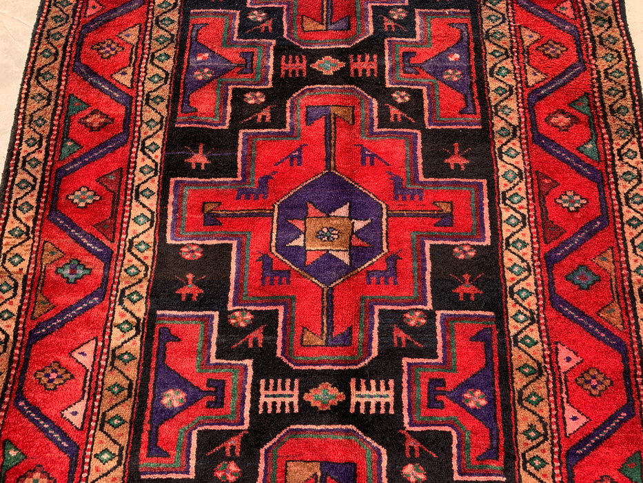 9'10 x 4'2 Hand-Knotted Persian Wool Runner Rug in Red, Navy & Beige Tribal Geometric Design | KBHM-1069