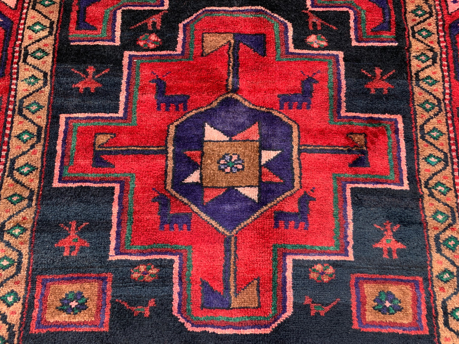 9'10 x 4'2 Hand-Knotted Persian Wool Runner Rug in Red, Navy & Beige Tribal Geometric Design | KBHM-1069