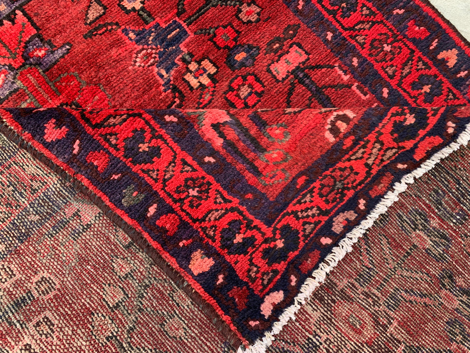 10'2 x 3'5 Hand-Knotted Persian Wool Runner Rug in Red, Navy & Rose Traditional Floral Design | KBHM-1070
