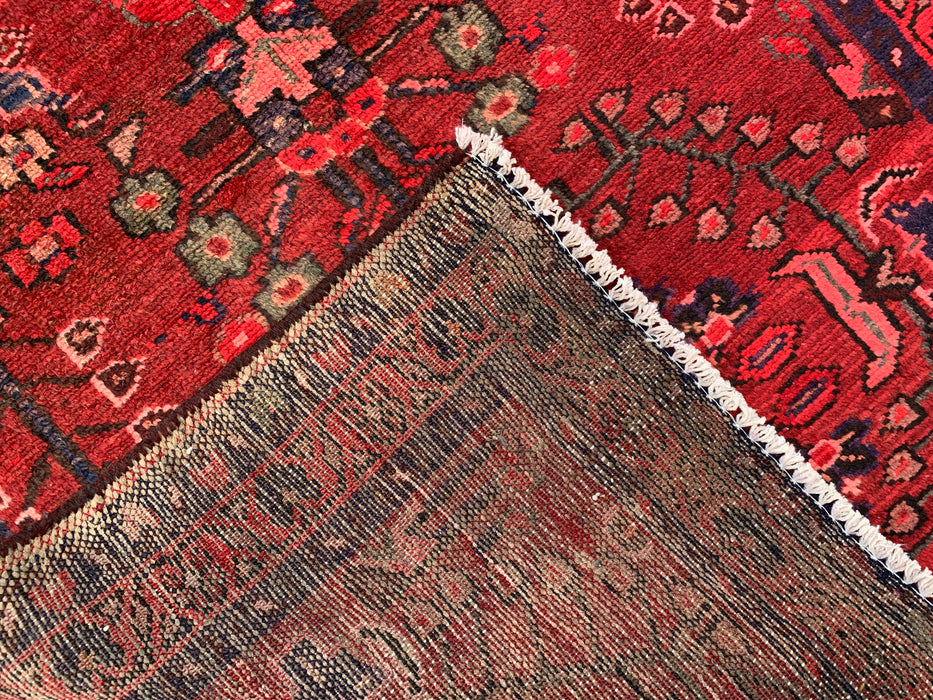 10'2 x 3'5 Hand-Knotted Persian Wool Runner Rug in Red, Navy & Rose Traditional Floral Design | KBHM-1070