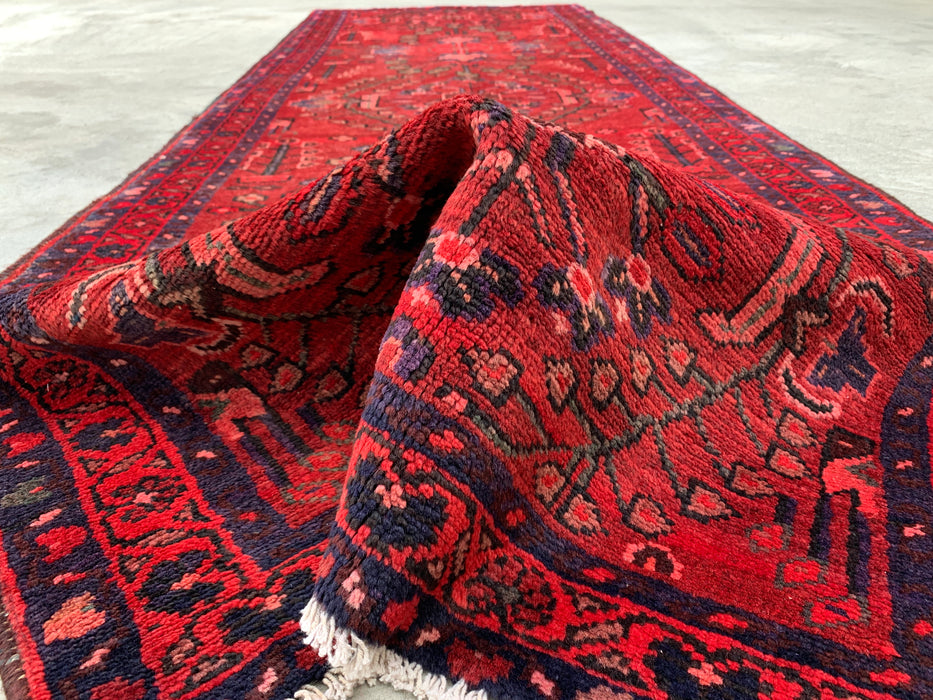 10'2 x 3'5 Hand-Knotted Persian Wool Runner Rug in Red, Navy & Rose Traditional Floral Design | KBHM-1070