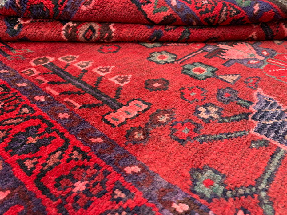 10'2 x 3'5 Hand-Knotted Persian Wool Runner Rug in Red, Navy & Rose Traditional Floral Design | KBHM-1070