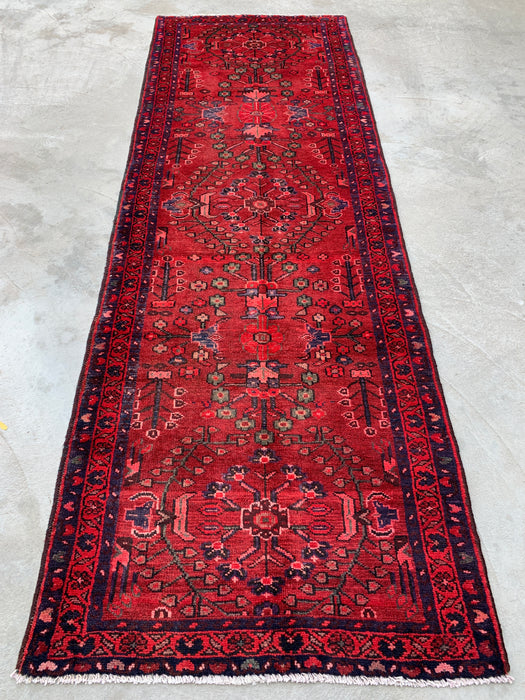 10'2 x 3'5 Hand-Knotted Persian Wool Runner Rug in Red, Navy & Rose Traditional Floral Design | KBHM-1070