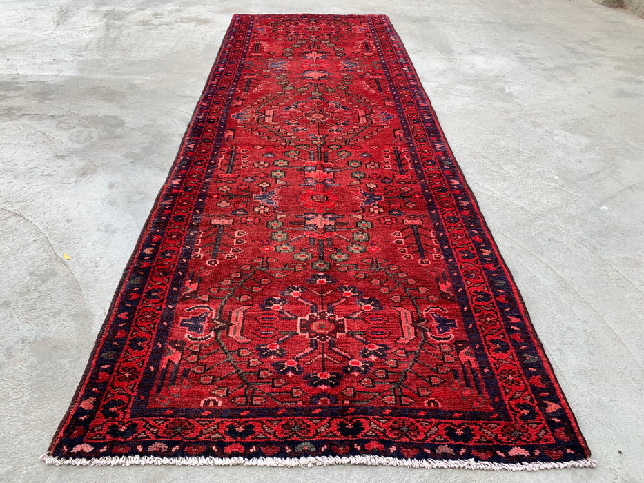 10'2 x 3'5 Hand-Knotted Persian Wool Runner Rug in Red, Navy & Rose Traditional Floral Design | KBHM-1070
