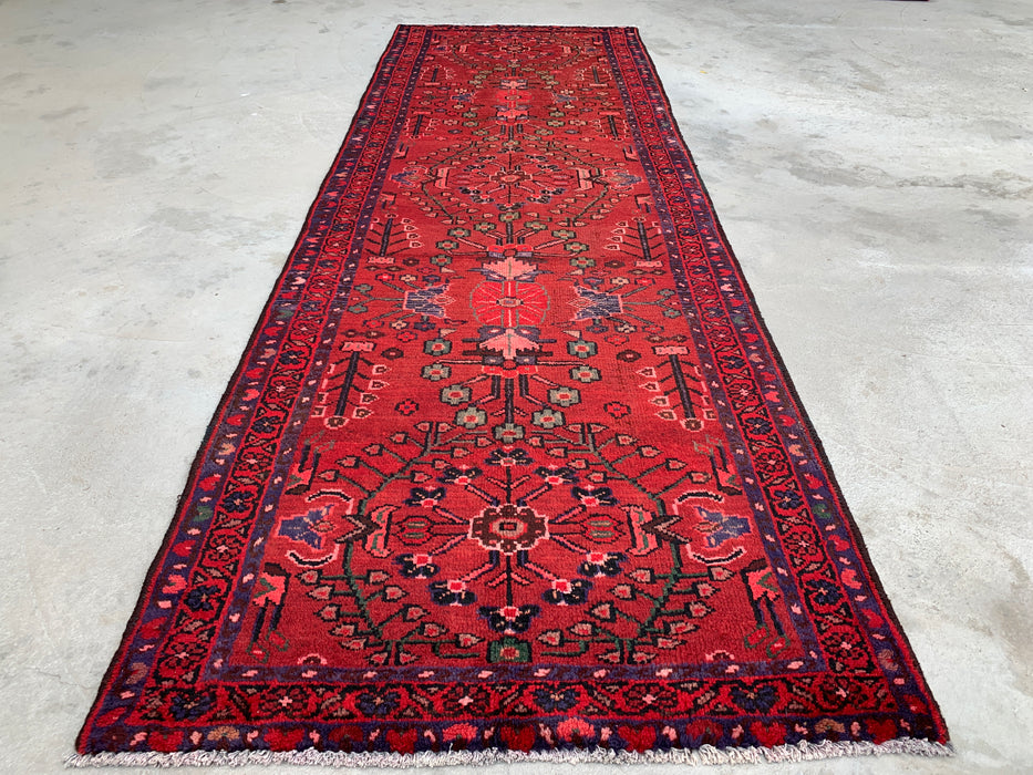 10'2 x 3'5 Hand-Knotted Persian Wool Runner Rug in Red, Navy & Rose Traditional Floral Design | KBHM-1070