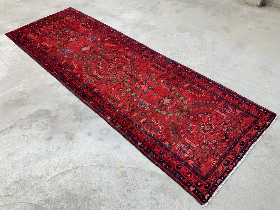 10'2 x 3'5 Hand-Knotted Persian Wool Runner Rug in Red, Navy & Rose Traditional Floral Design | KBHM-1070