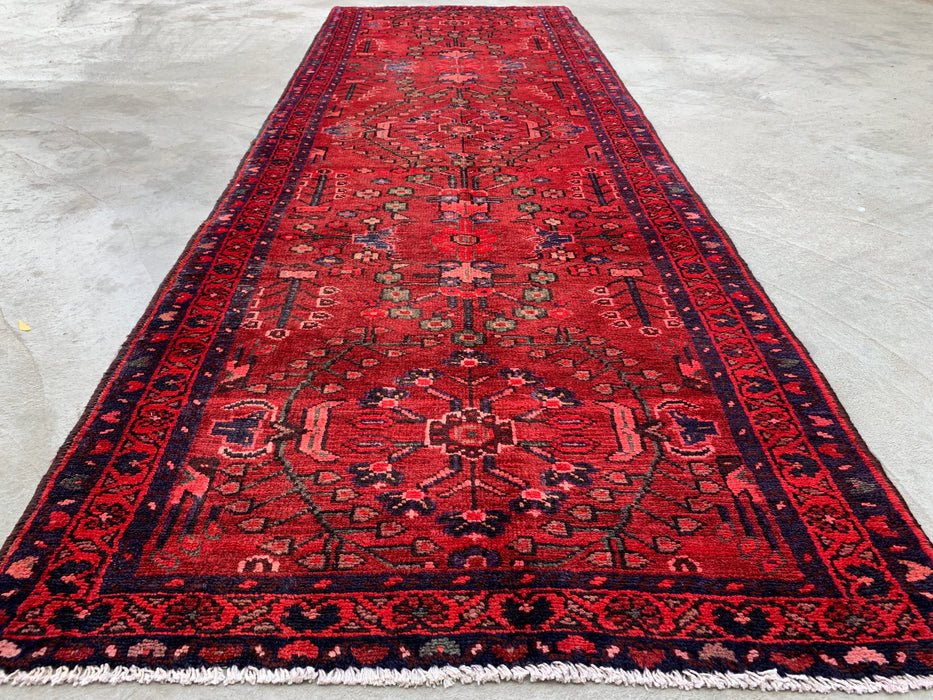 10'2 x 3'5 Hand-Knotted Persian Wool Runner Rug in Red, Navy & Rose Traditional Floral Design | KBHM-1070