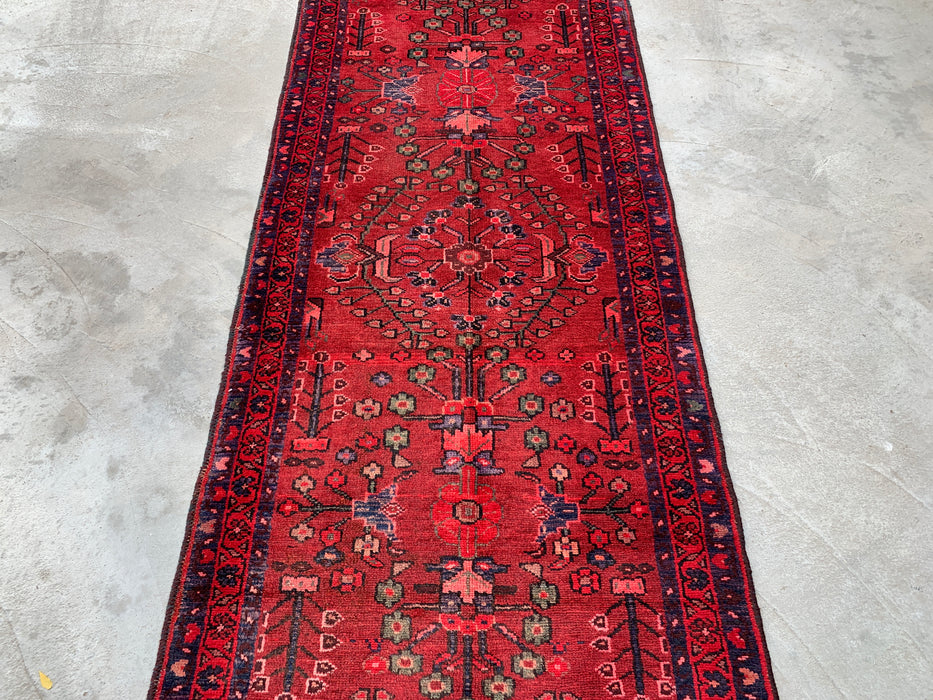 10'2 x 3'5 Hand-Knotted Persian Wool Runner Rug in Red, Navy & Rose Traditional Floral Design | KBHM-1070