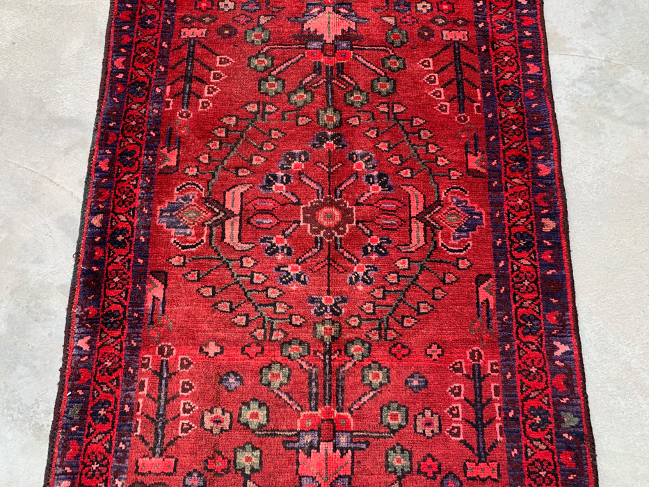 10'2 x 3'5 Hand-Knotted Persian Wool Runner Rug in Red, Navy & Rose Traditional Floral Design | KBHM-1070