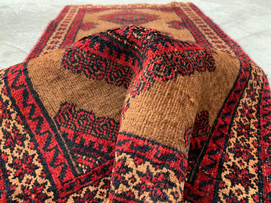 3'1 x 1'10 Hand-Knotted Persian Wool Rug in Camel, Red & Black Tribal Geometric Design | KBHM-1072