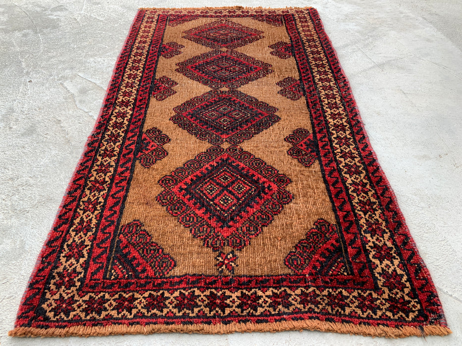 3'1 x 1'10 Hand-Knotted Persian Wool Rug in Camel, Red & Black Tribal Geometric Design | KBHM-1072