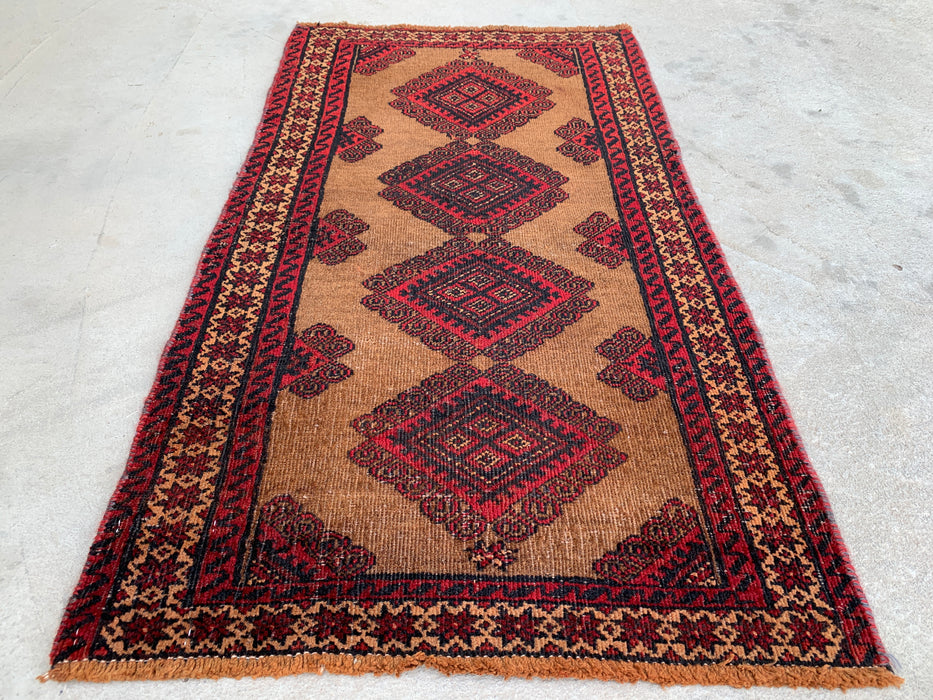 3'1 x 1'10 Hand-Knotted Persian Wool Rug in Camel, Red & Black Tribal Geometric Design | KBHM-1072