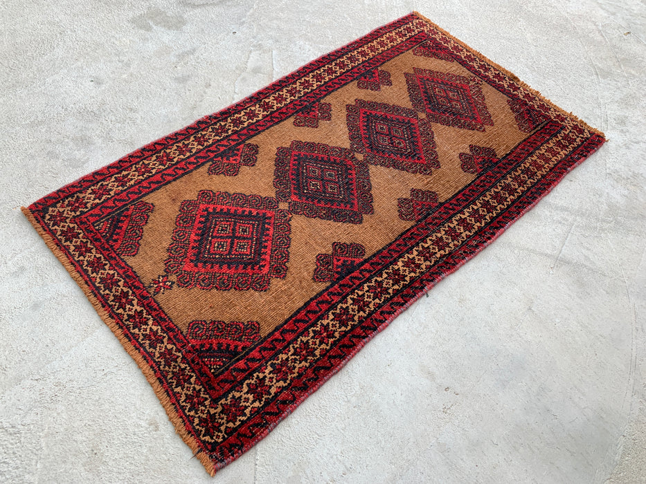 3'1 x 1'10 Hand-Knotted Persian Wool Rug in Camel, Red & Black Tribal Geometric Design | KBHM-1072