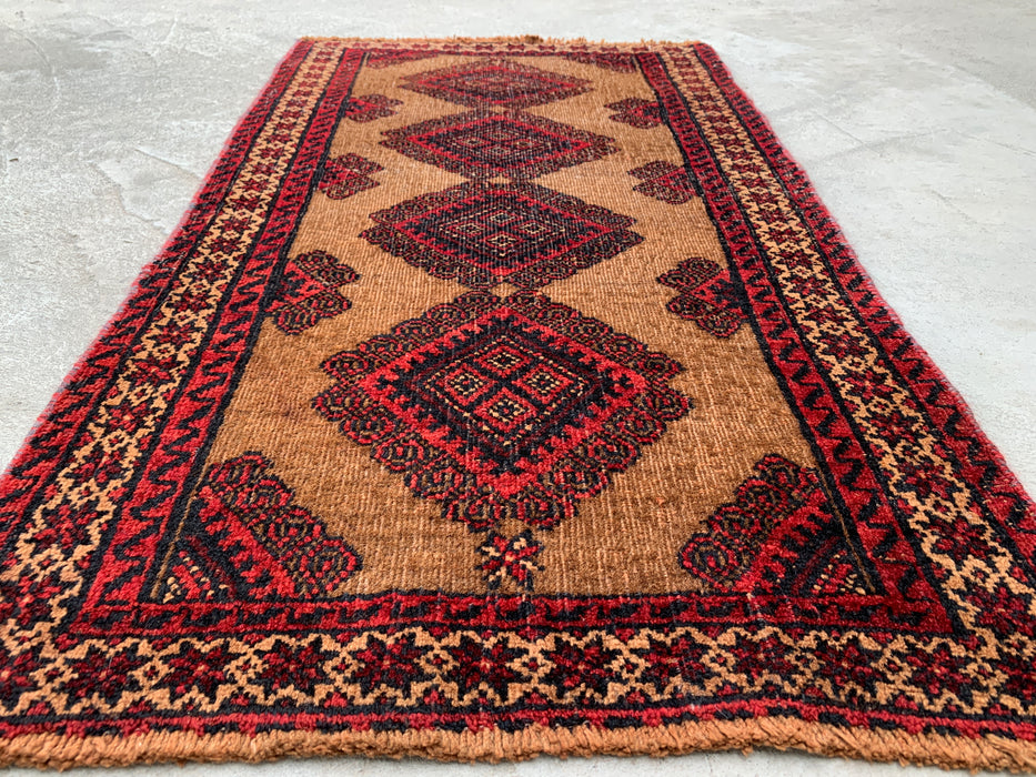 3'1 x 1'10 Hand-Knotted Persian Wool Rug in Camel, Red & Black Tribal Geometric Design | KBHM-1072
