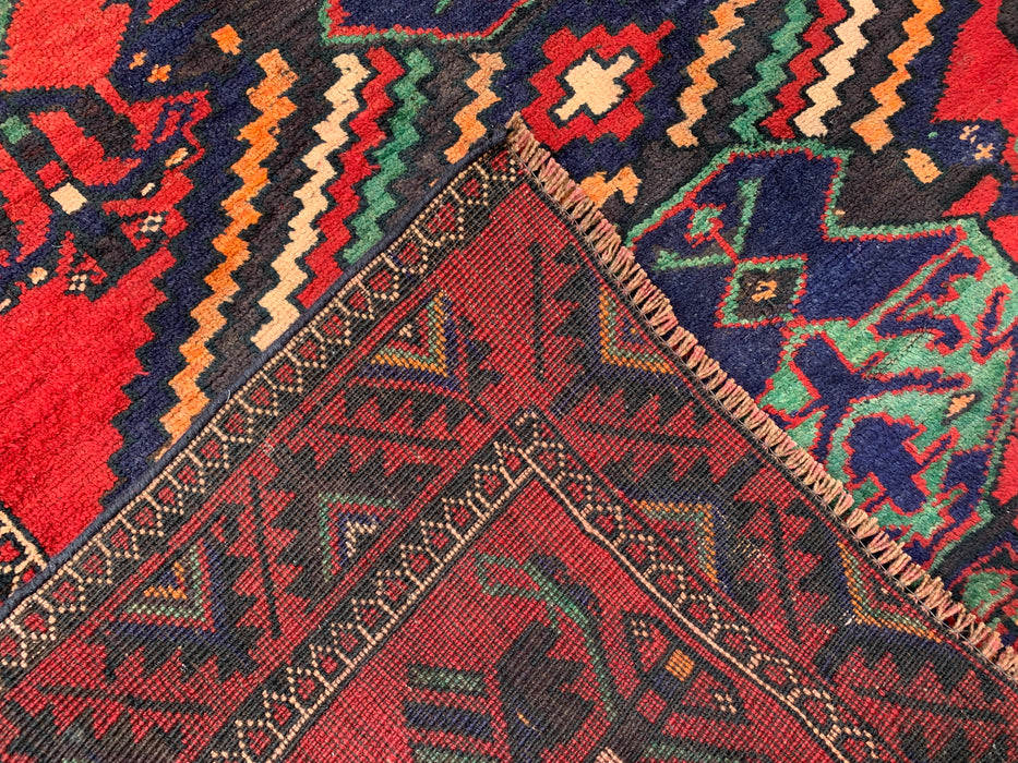 12'10 x 4'7 Hand-Knotted Persian Wool Runner Rug in Red, Navy & Teal Tribal Geometric Design | KBHM-1073