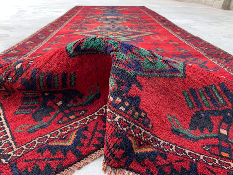 12'10 x 4'7 Hand-Knotted Persian Wool Runner Rug in Red, Navy & Teal Tribal Geometric Design | KBHM-1073