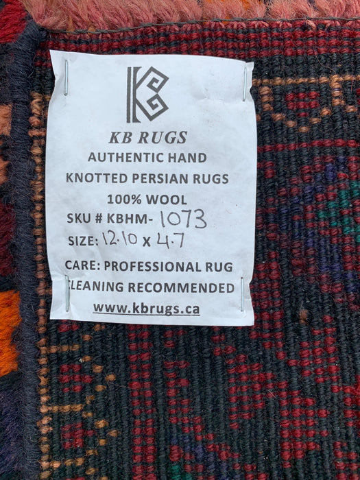 12'10 x 4'7 Hand-Knotted Persian Wool Runner Rug in Red, Navy & Teal Tribal Geometric Design | KBHM-1073