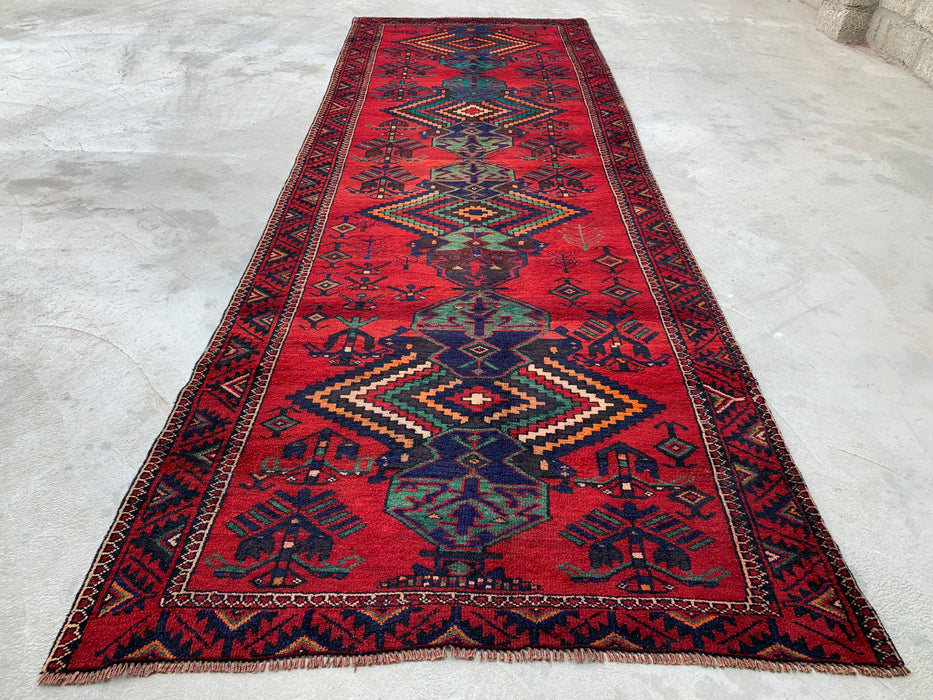 12'10 x 4'7 Hand-Knotted Persian Wool Runner Rug in Red, Navy & Teal Tribal Geometric Design | KBHM-1073