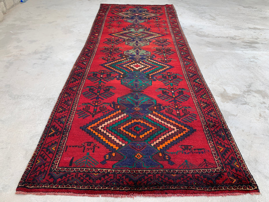 12'10 x 4'7 Hand-Knotted Persian Wool Runner Rug in Red, Navy & Teal Tribal Geometric Design | KBHM-1073