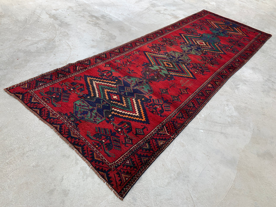 12'10 x 4'7 Hand-Knotted Persian Wool Runner Rug in Red, Navy & Teal Tribal Geometric Design | KBHM-1073