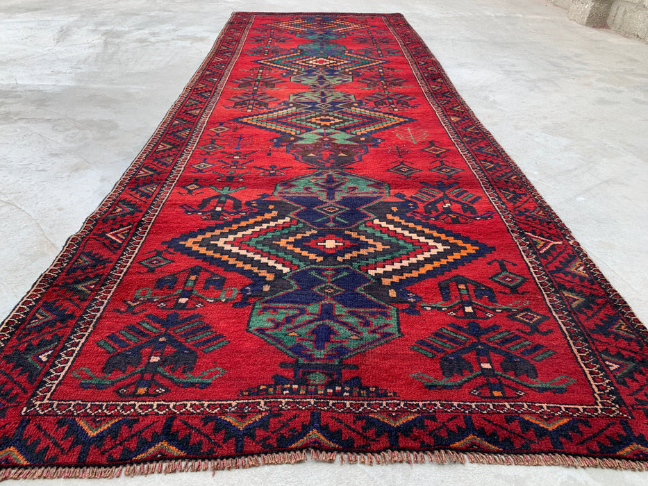 12'10 x 4'7 Hand-Knotted Persian Wool Runner Rug in Red, Navy & Teal Tribal Geometric Design | KBHM-1073