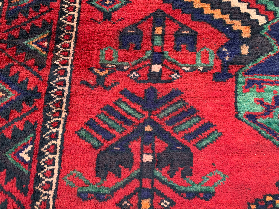 12'10 x 4'7 Hand-Knotted Persian Wool Runner Rug in Red, Navy & Teal Tribal Geometric Design | KBHM-1073