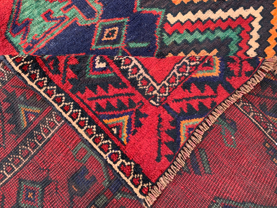 12'10 x 4'7 Hand-Knotted Persian Wool Runner Rug in Red, Navy & Teal Tribal Geometric Design | KBHM-1073