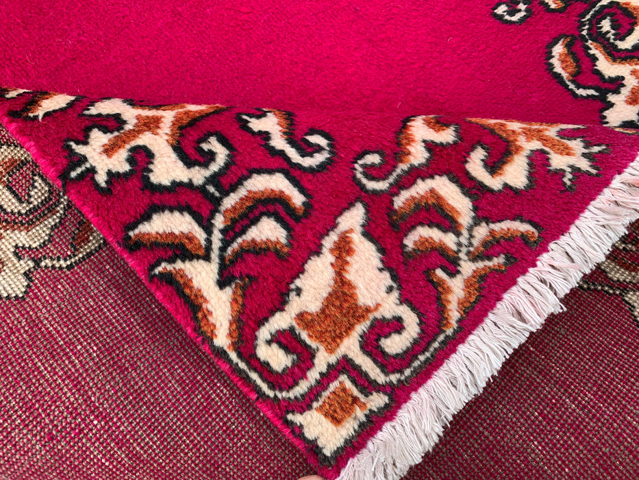 16'2 x 3'4 Hand-Knotted Persian Wool Runner Rug in Fuchsia Pink with Ivory Scroll Border | KBHM-1074