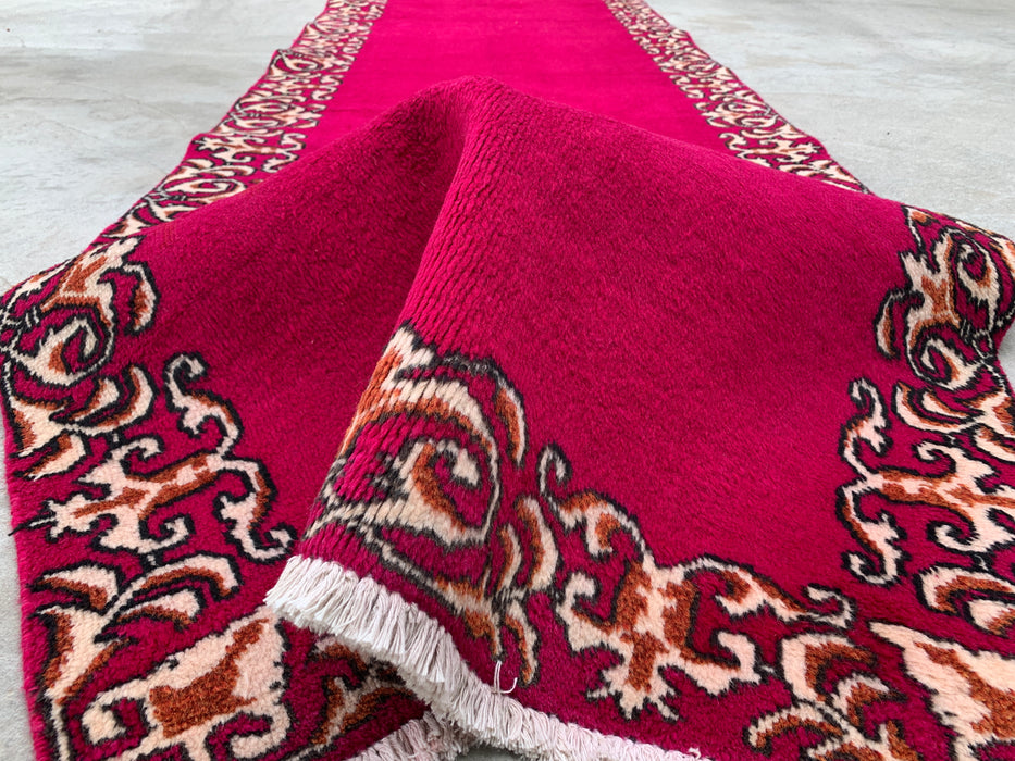 16'2 x 3'4 Hand-Knotted Persian Wool Runner Rug in Fuchsia Pink with Ivory Scroll Border | KBHM-1074