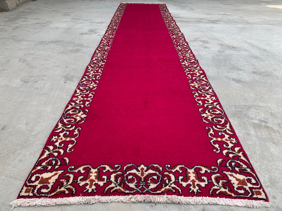 16'2 x 3'4 Hand-Knotted Persian Wool Runner Rug in Fuchsia Pink with Ivory Scroll Border | KBHM-1074