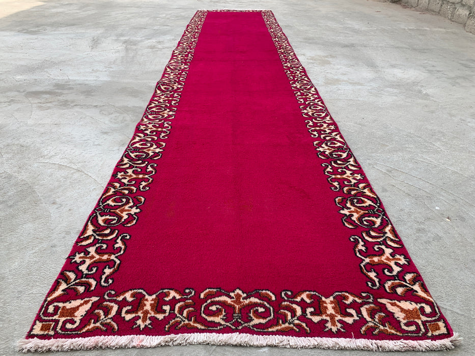 16'2 x 3'4 Hand-Knotted Persian Wool Runner Rug in Fuchsia Pink with Ivory Scroll Border | KBHM-1074