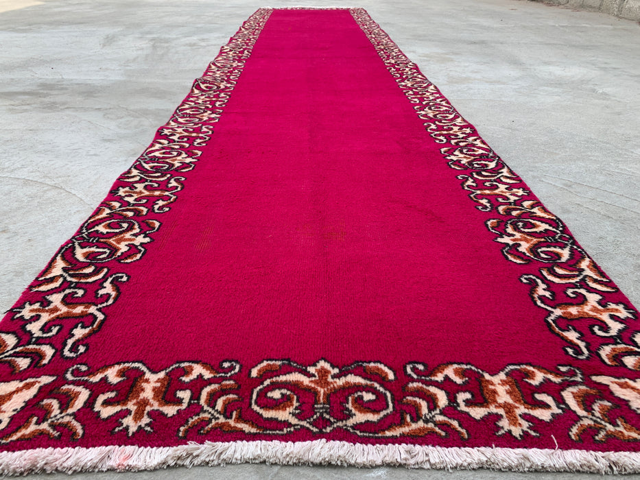 16'2 x 3'4 Hand-Knotted Persian Wool Runner Rug in Fuchsia Pink with Ivory Scroll Border | KBHM-1074