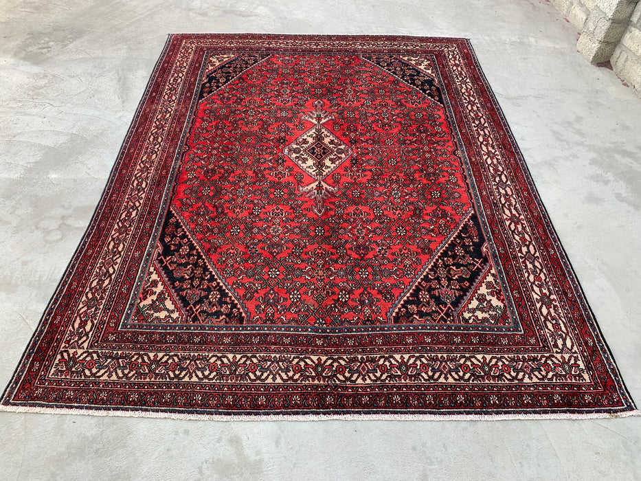 KBHM-1084 Hand-Knotted Persian Wool Rug – 11'4" x 8'7" Red, Ivory & Navy Traditional Medallion Area Rug