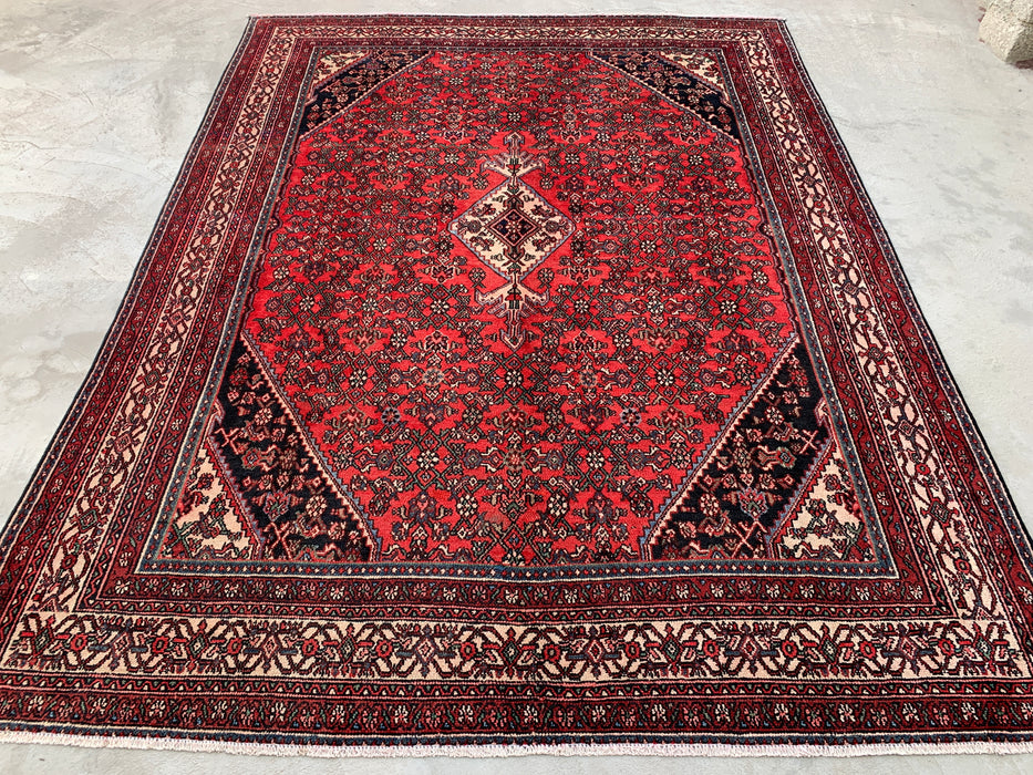 KBHM-1084 Hand-Knotted Persian Wool Rug – 11'4" x 8'7" Red, Ivory & Navy Traditional Medallion Area Rug