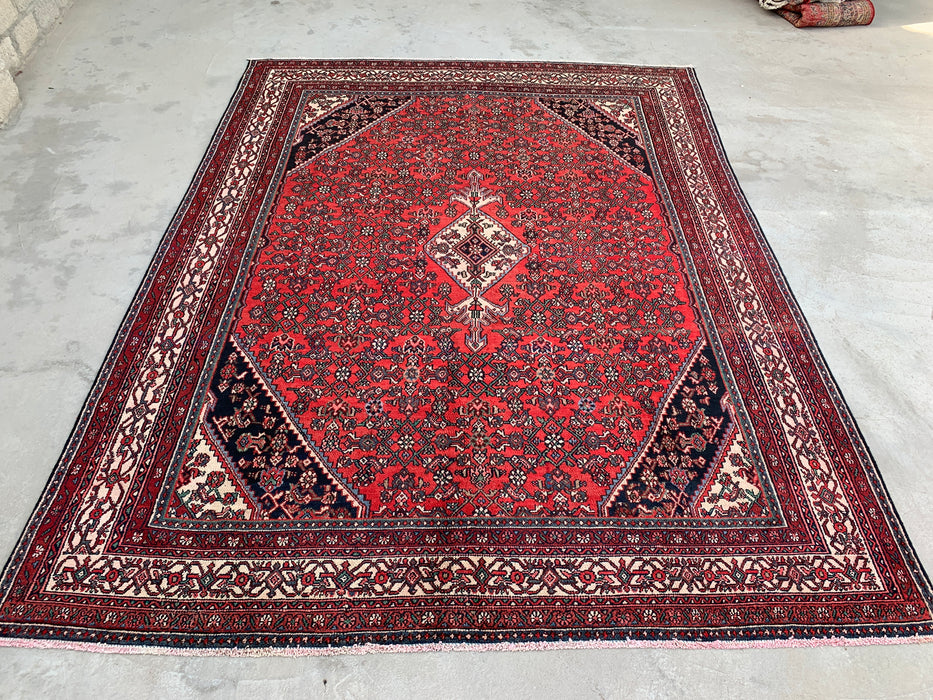 KBHM-1084 Hand-Knotted Persian Wool Rug – 11'4" x 8'7" Red, Ivory & Navy Traditional Medallion Area Rug