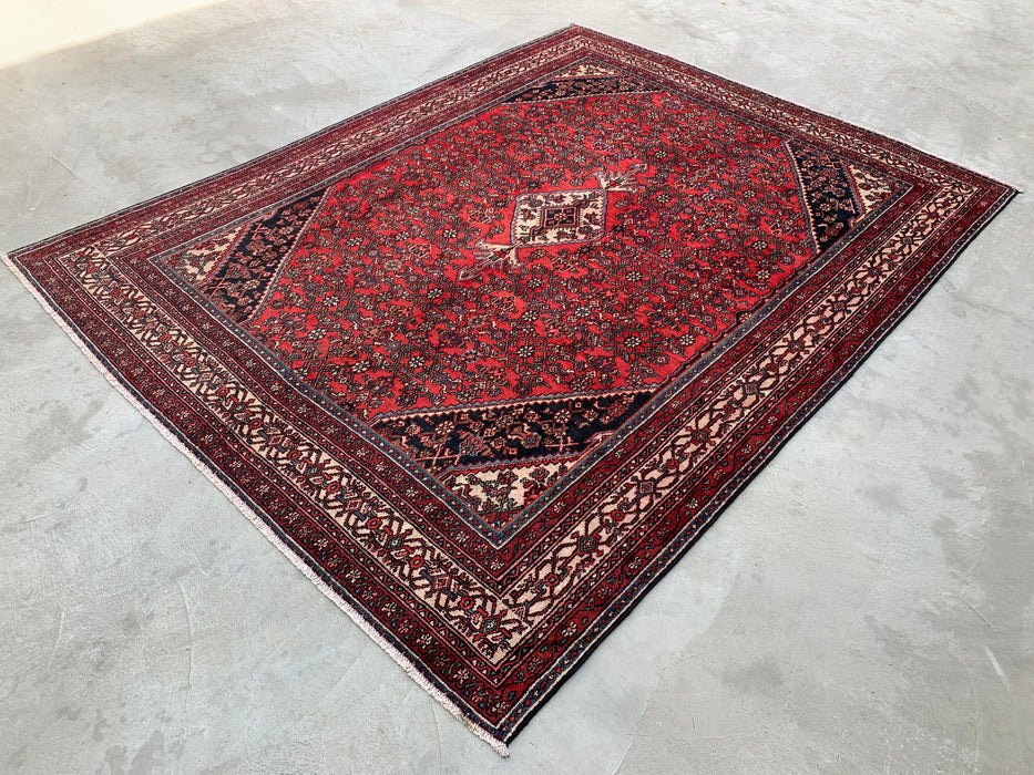 KBHM-1084 Hand-Knotted Persian Wool Rug – 11'4" x 8'7" Red, Ivory & Navy Traditional Medallion Area Rug