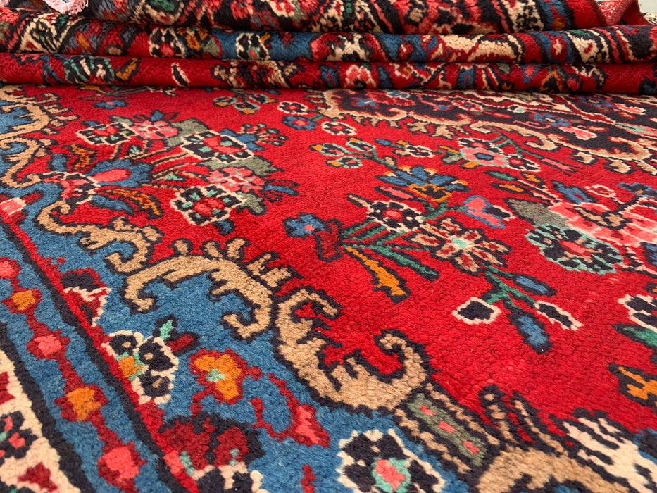 KBHM-1086 Hand-Knotted Persian Wool Rug – 9'9" x 7'0" Red, Blue & Ivory Traditional Medallion Area Rug