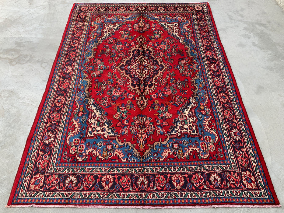 KBHM-1086 Hand-Knotted Persian Wool Rug – 9'9" x 7'0" Red, Blue & Ivory Traditional Medallion Area Rug