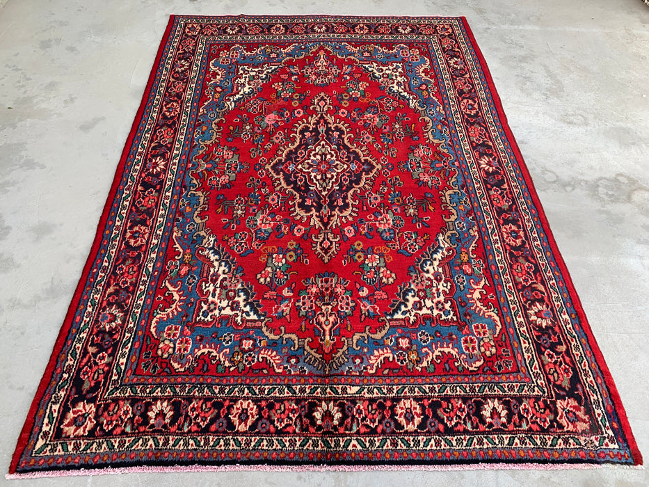 KBHM-1086 Hand-Knotted Persian Wool Rug – 9'9" x 7'0" Red, Blue & Ivory Traditional Medallion Area Rug