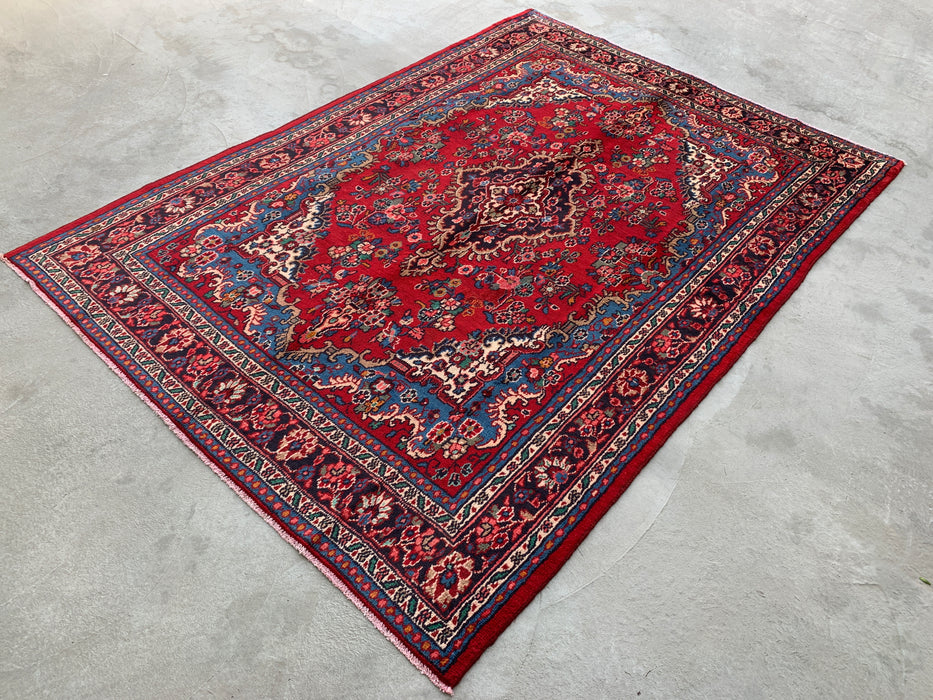 KBHM-1086 Hand-Knotted Persian Wool Rug – 9'9" x 7'0" Red, Blue & Ivory Traditional Medallion Area Rug