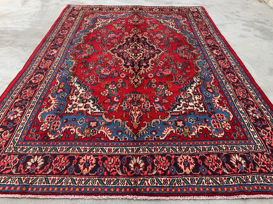 KBHM-1086 Hand-Knotted Persian Wool Rug – 9'9" x 7'0" Red, Blue & Ivory Traditional Medallion Area Rug