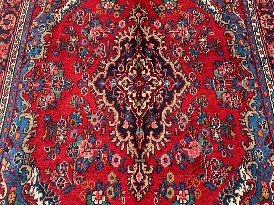 KBHM-1086 Hand-Knotted Persian Wool Rug – 9'9" x 7'0" Red, Blue & Ivory Traditional Medallion Area Rug